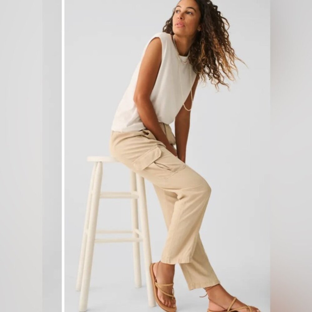 NWT Faherty Arlie Day Cargo Pants LINEN Blend Elastic Waistband Size SMALL